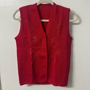 Vintage Red Sweater Vest Womens M Floral Embroidered Button Front Cottagecore